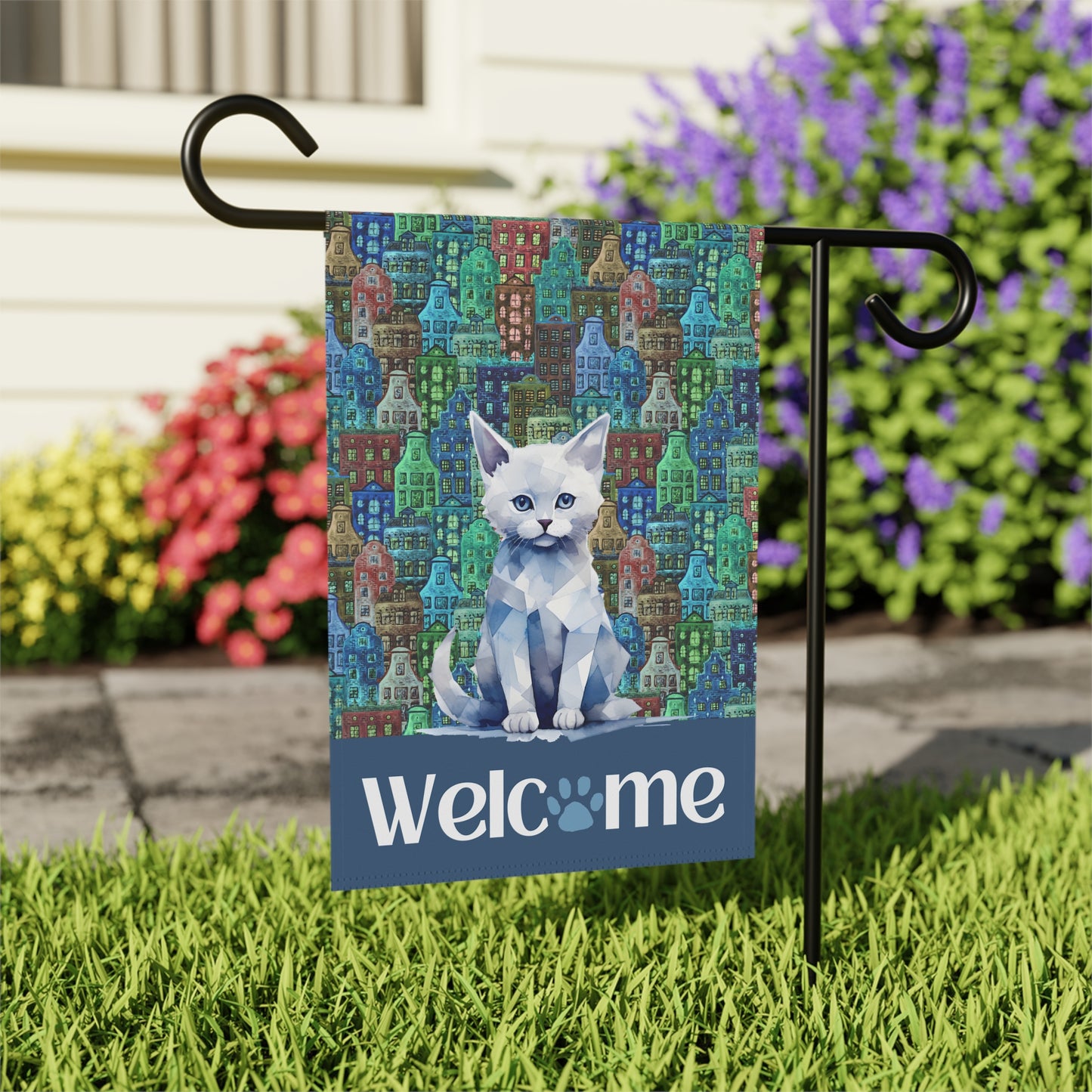 Blue City Cat Welcome 2-Sided Garden & House Flag/Banner