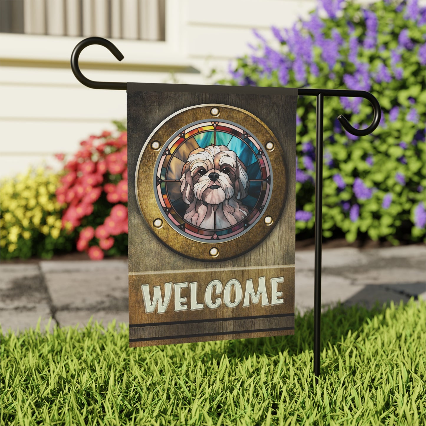 Lhasa Apso in Port Hole Welcome 2-Sided Garden & House Flag/Banner