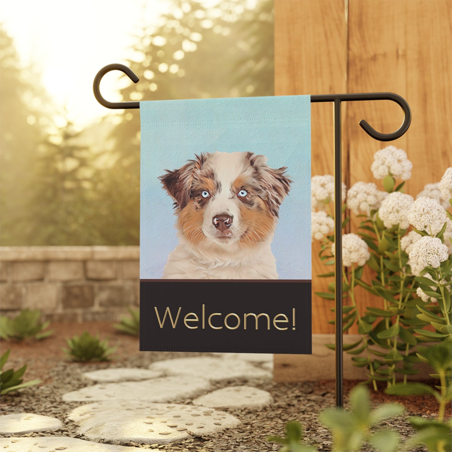 Australian Shepherd with Blue Eyes Welcome 2-Sided Garden & House Flag/Banner