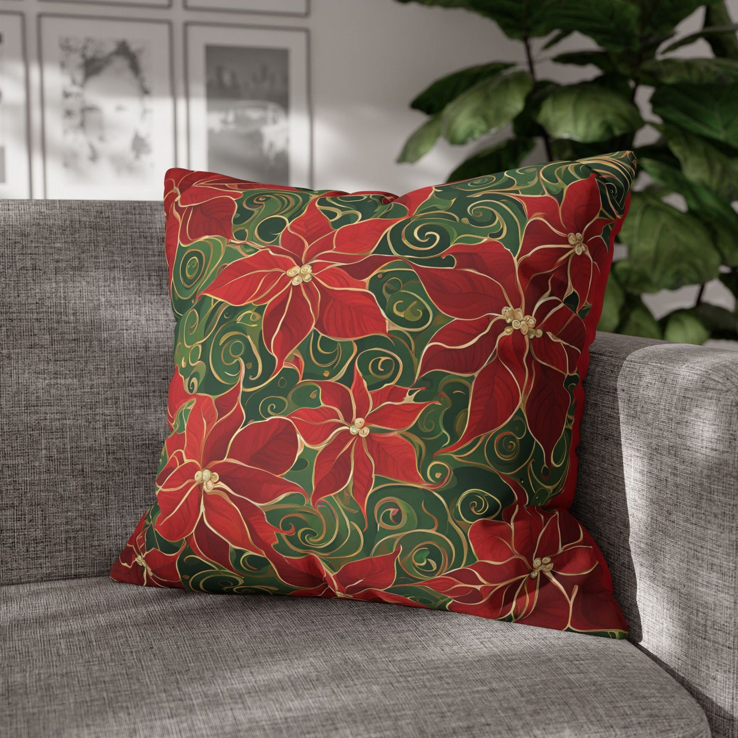 Poinsettias Swirl Holiday Square Poly Canvas Pillowcase