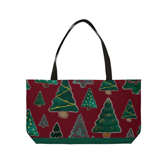 Christmas Tree Cutouts on Maroon Weekender Tote Bag