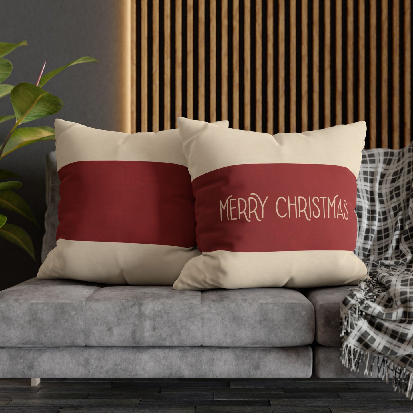 Merry Christmas Red & Cream Square Poly Canvas Pillowcase