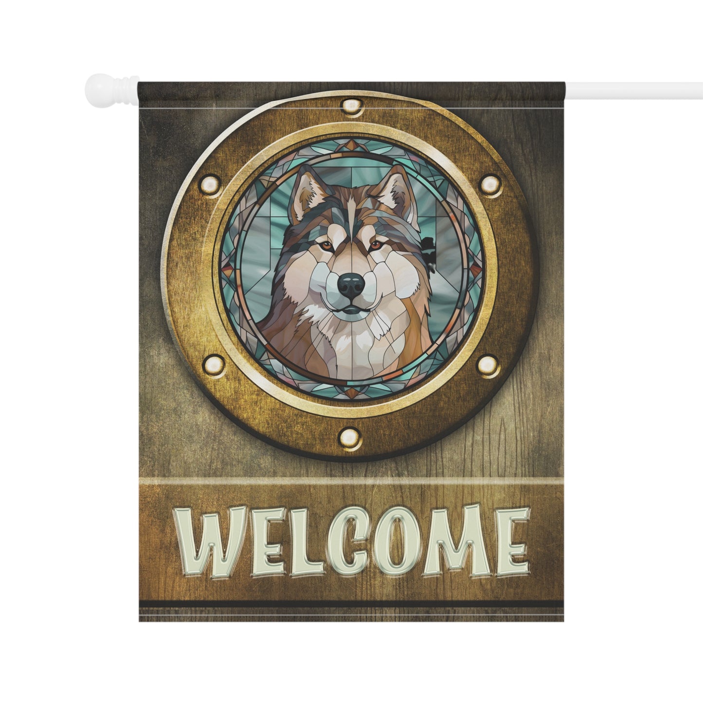 Alaskan Malamute in Port Hole Welcome 2-Sided Garden & House Flag/Banner