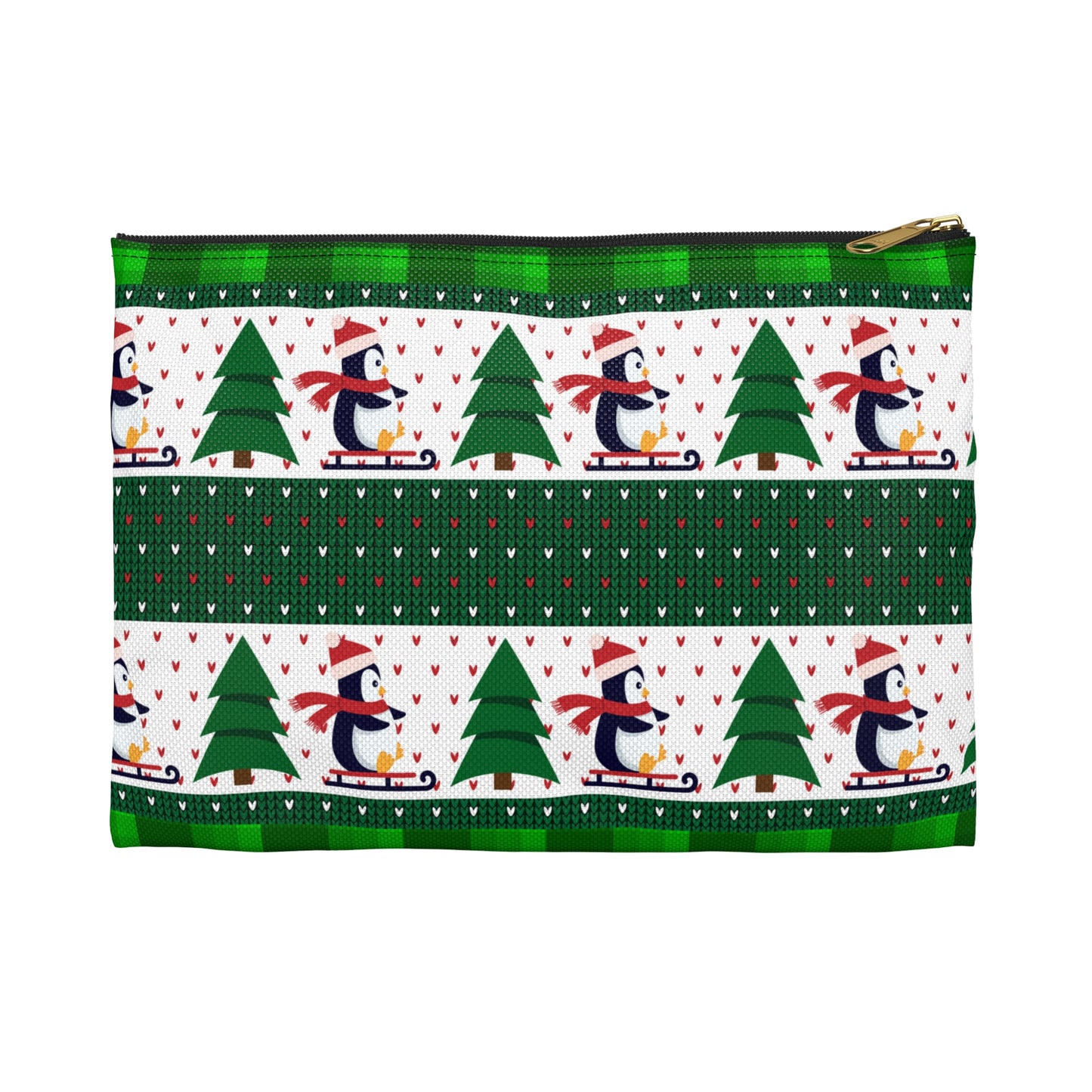 Sledding Penguins Green Plaid Accessory Pouch