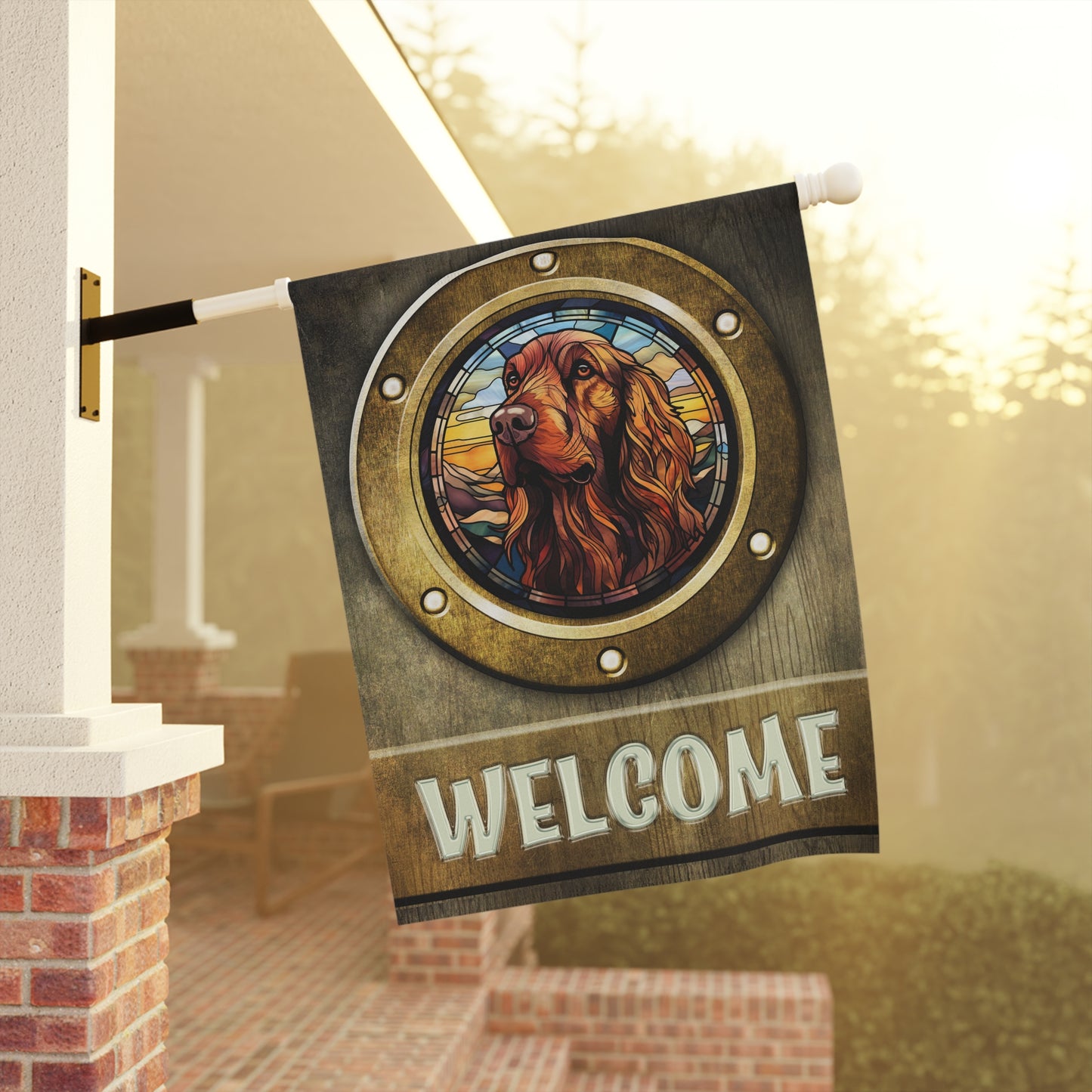 Irish Setter in Port Hole Welcome 2-Sided Garden & House Flag/Banner