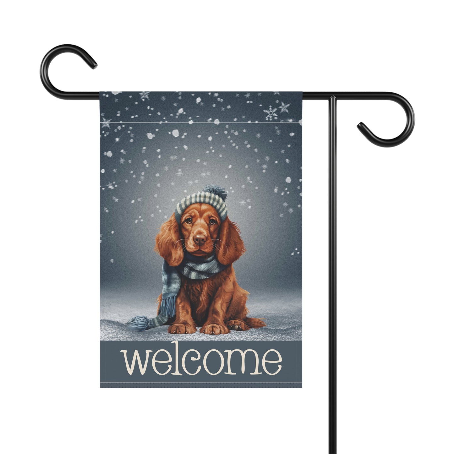 Snowy Welcome Irish Setter in Scarf 2-Sided Garden & House Flag/Banner