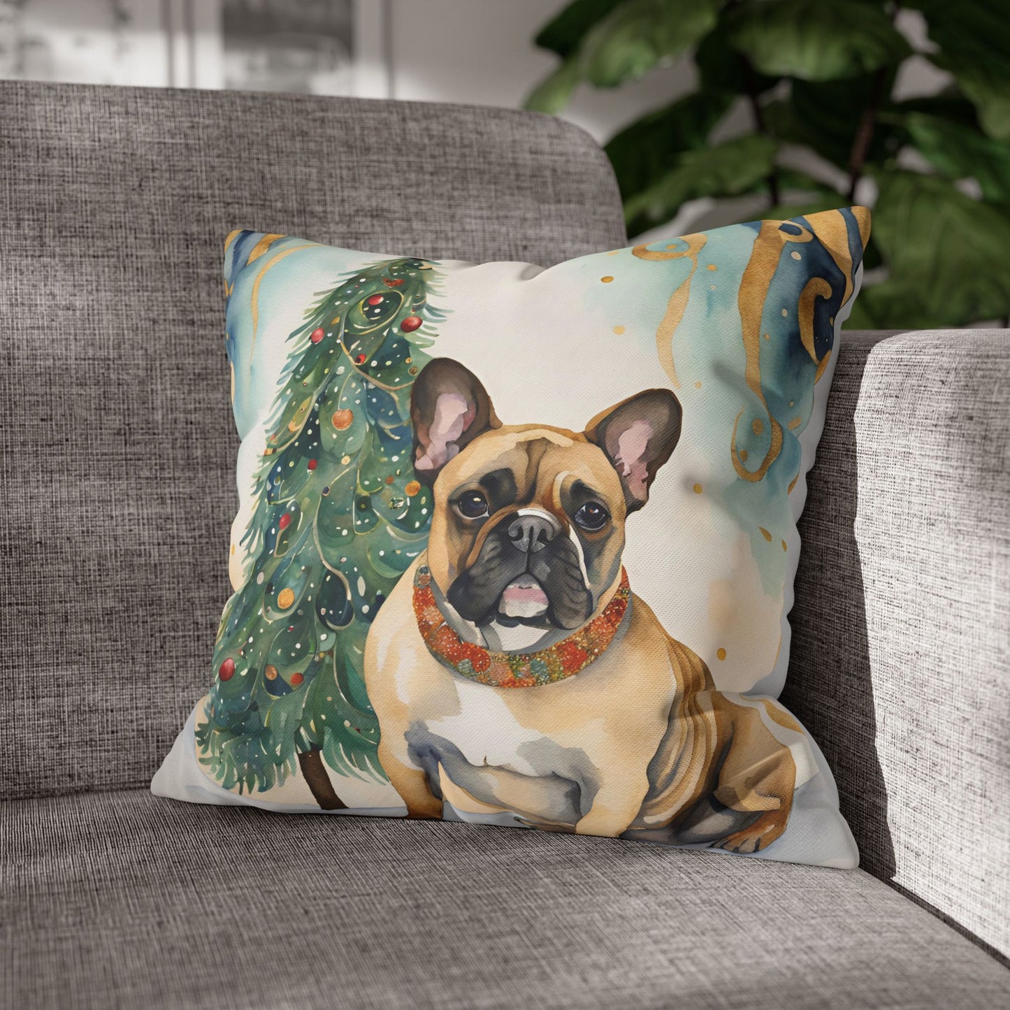 A Frenchie Christmas Square Poly Canvas Pillowcase