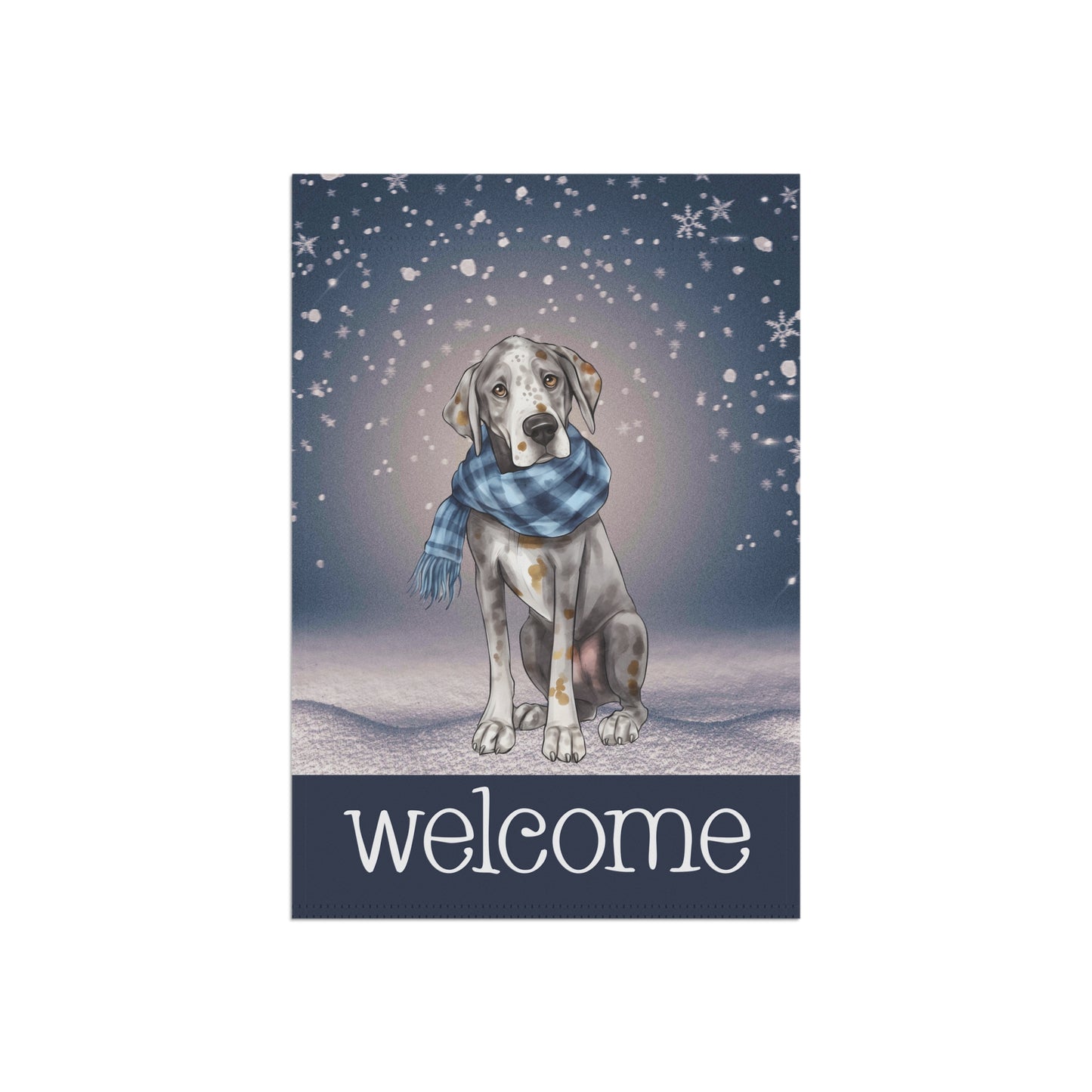 Snowy Welcome Great Dane in Scarf 2-Sided Garden & House Flag/Banner