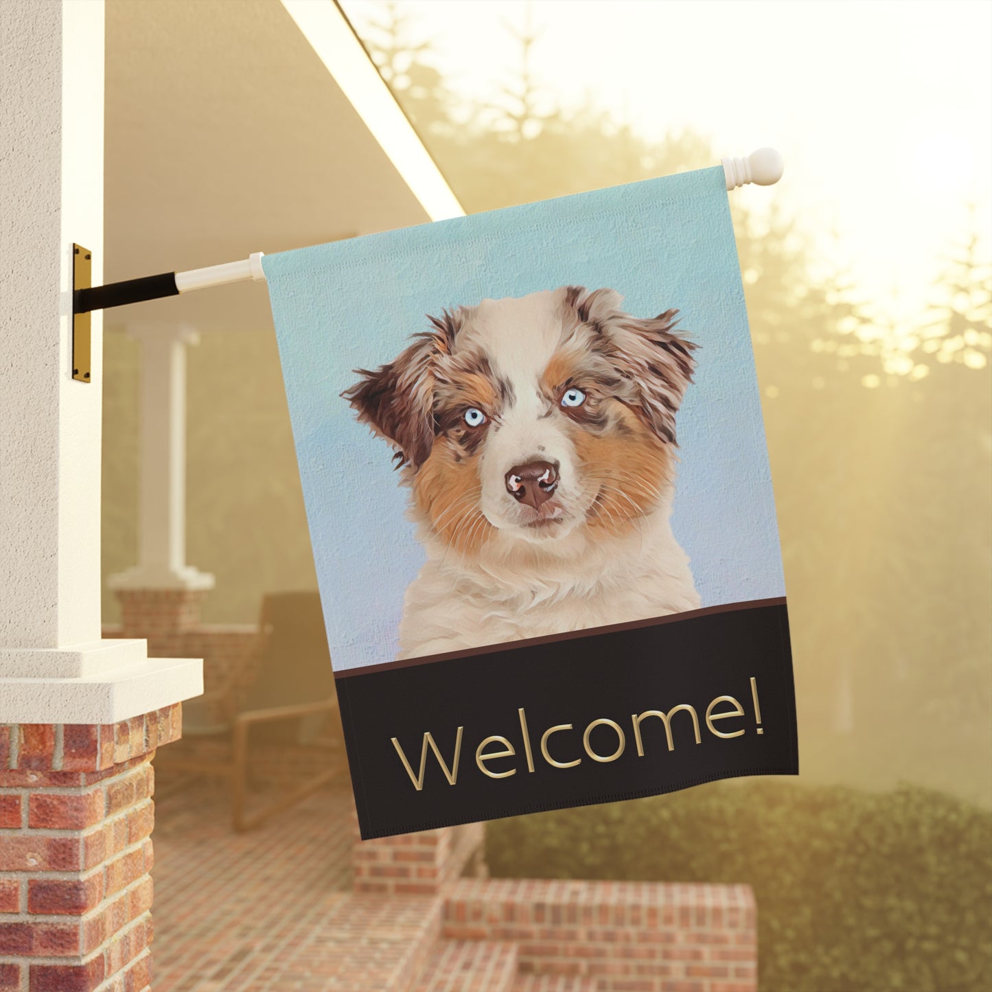 Australian Shepherd with Blue Eyes Welcome 2-Sided Garden & House Flag/Banner