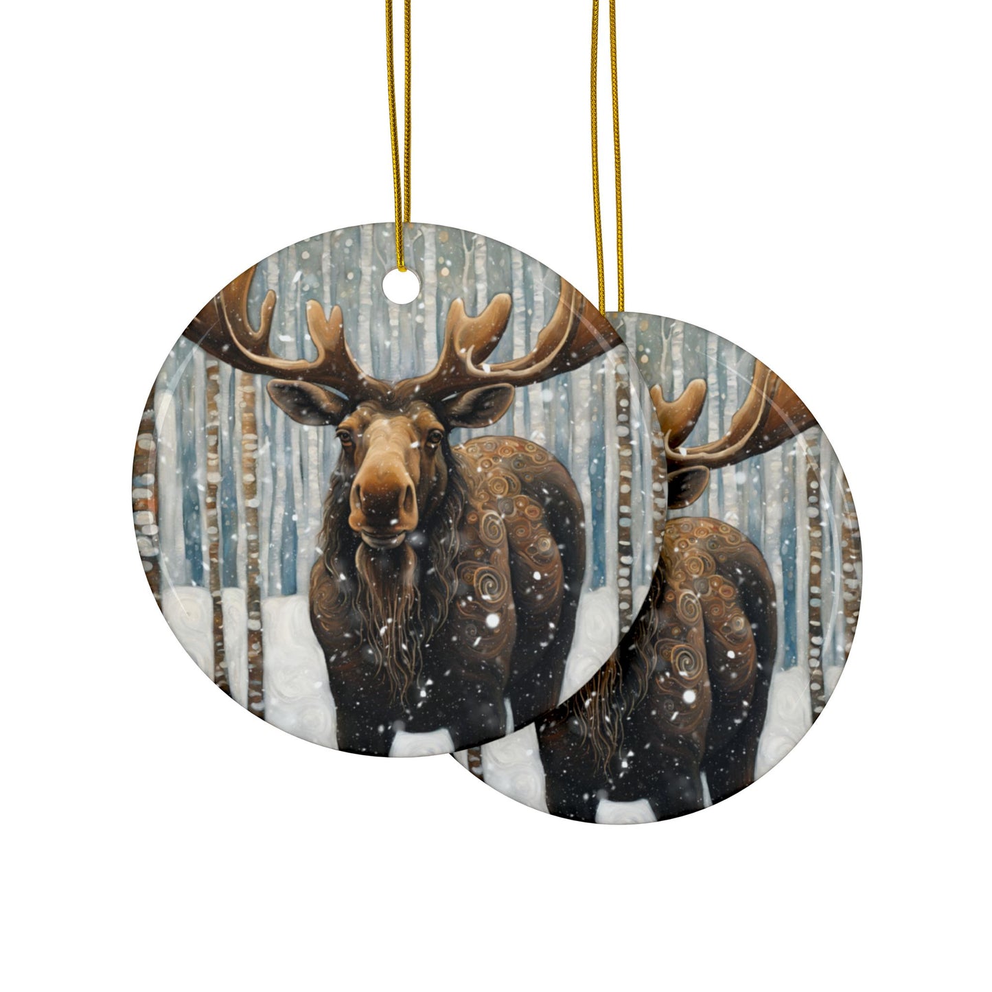 Mountain Forest Snowy Moose 3" Ceramic Ornaments, 2-Side Print, (1pc, 10pcs)