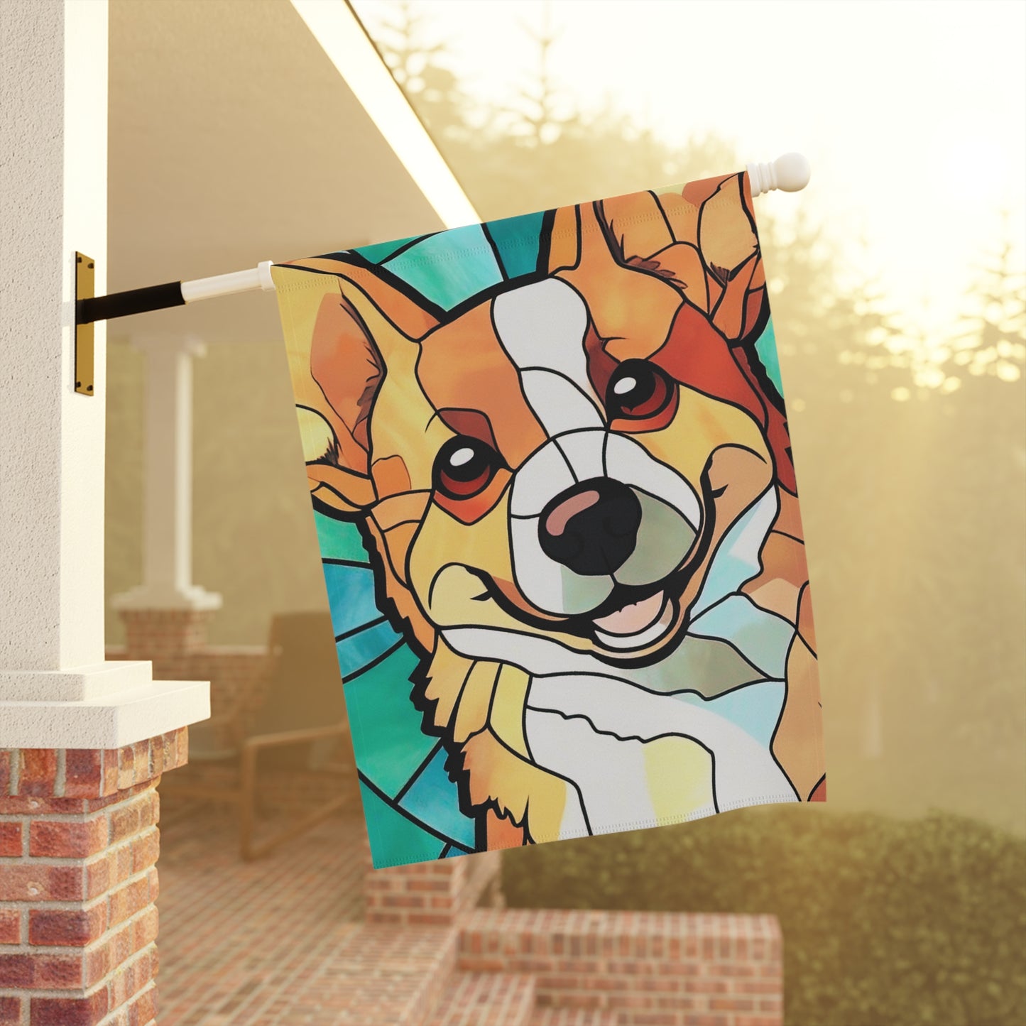 Corgi Face Stained Glass Look 2-Sided Garden & House Flag/Banner