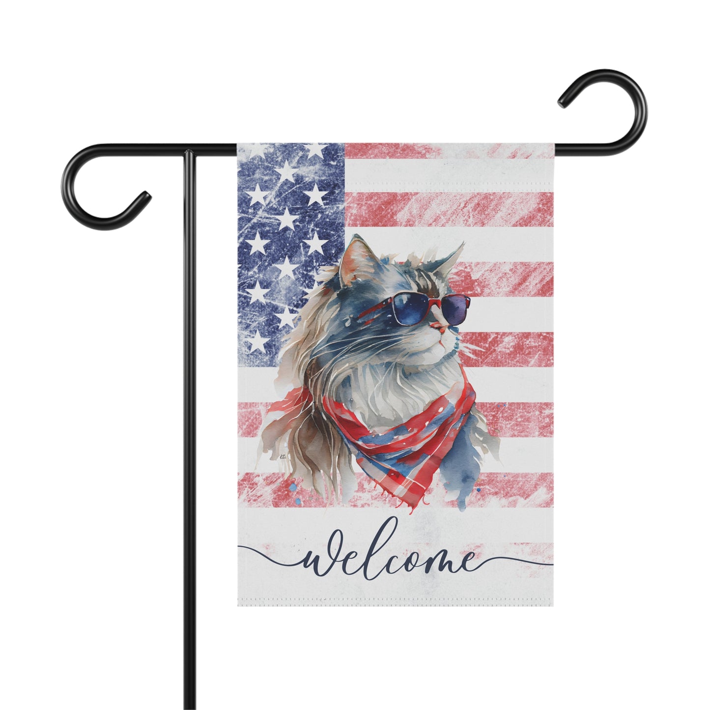 Patriotic Cat in Glasses Welcome 2-Sided Garden & House Flag/Banner