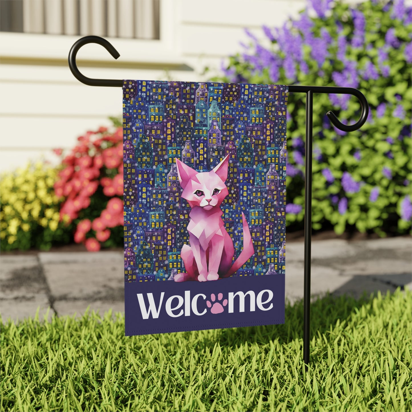 Pink City Cat Welcome 2-Sided Garden & House Flag/Banner