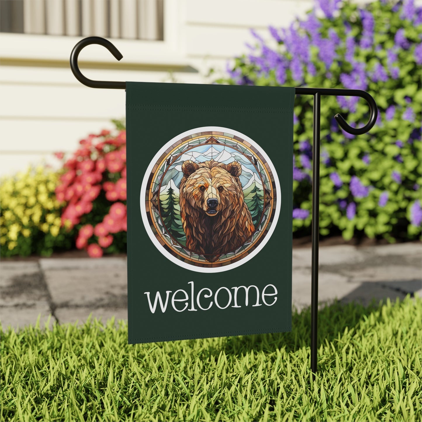 Grizzly Bear on Green Welcome 2-Sided Garden & House Flag/Banner