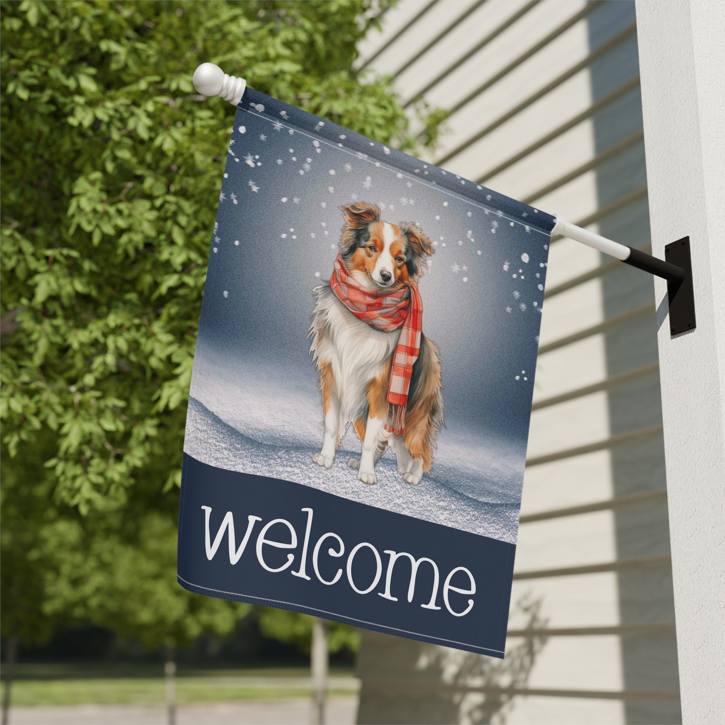 Snowy Welcome Collie in Scarf 2-Sided Garden & House Flag/Banner