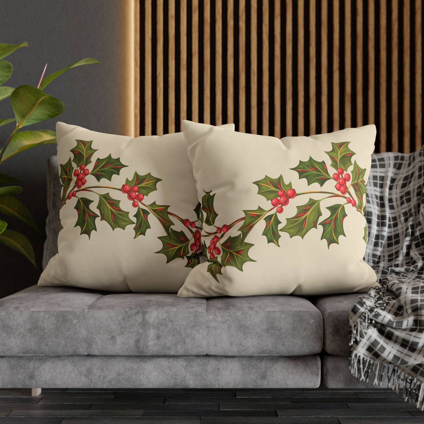 Holly Vine Holiday Square Poly Canvas Pillowcase