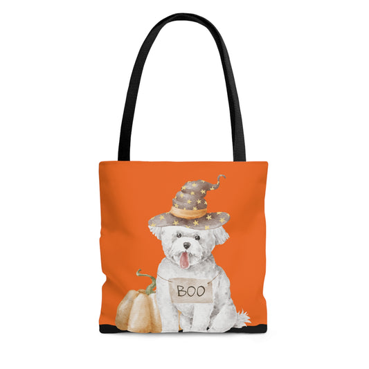 White Halloween Puppy in Witch Hat Tote Bag