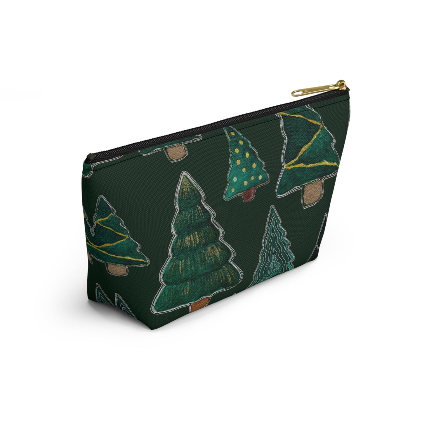 Christmas Tree Cutouts on Green Accessory Pouch w T-bottom