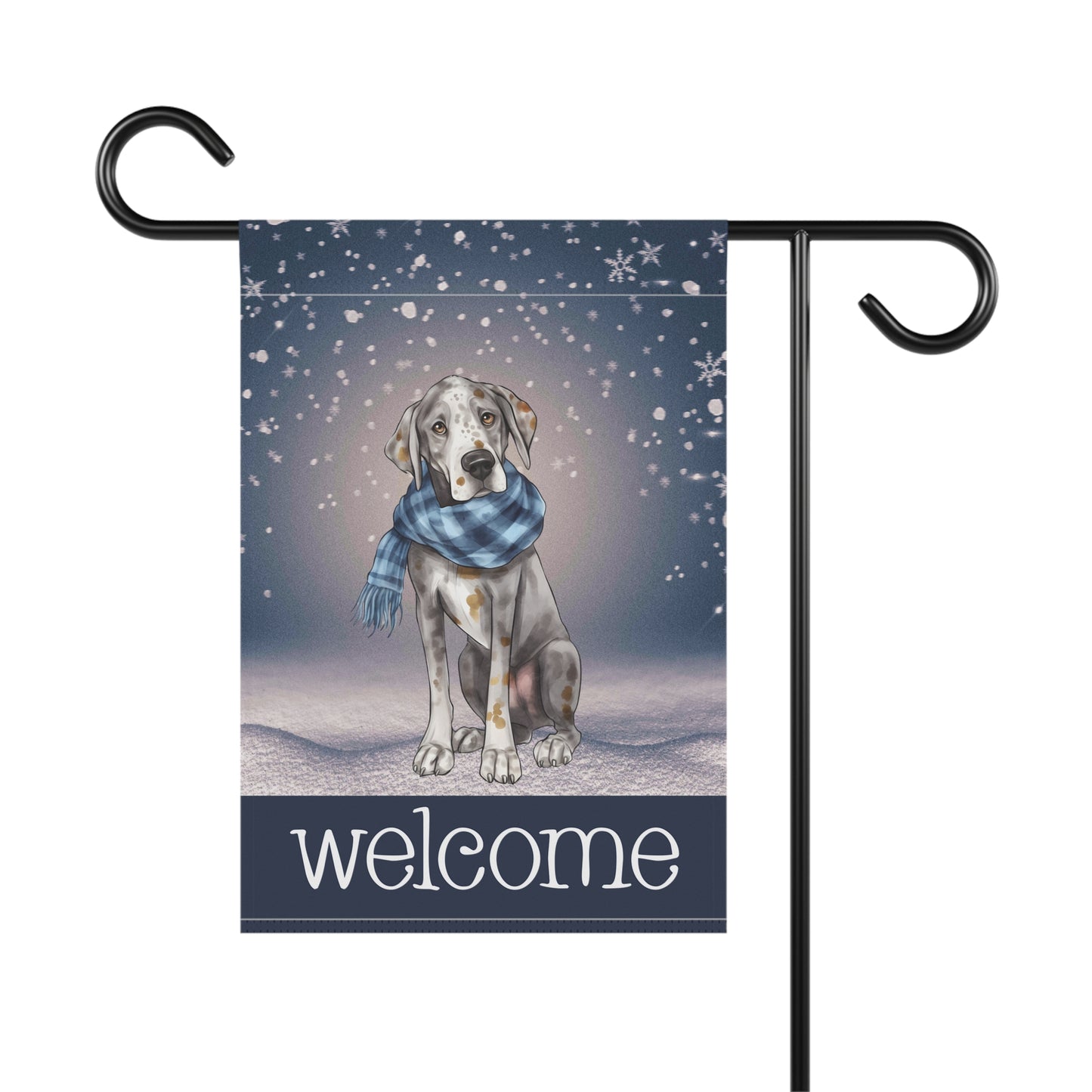 Snowy Welcome Great Dane in Scarf 2-Sided Garden & House Flag/Banner