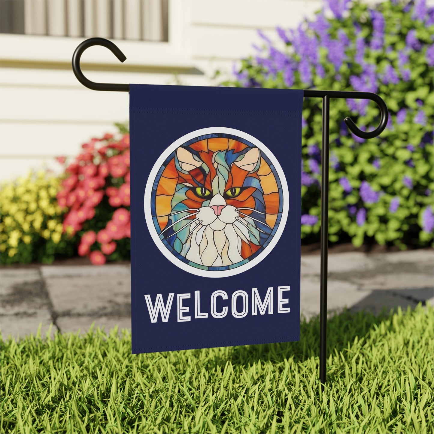 Stained Glass Cat Welcome 2-Sided Garden & House Flag/Banner