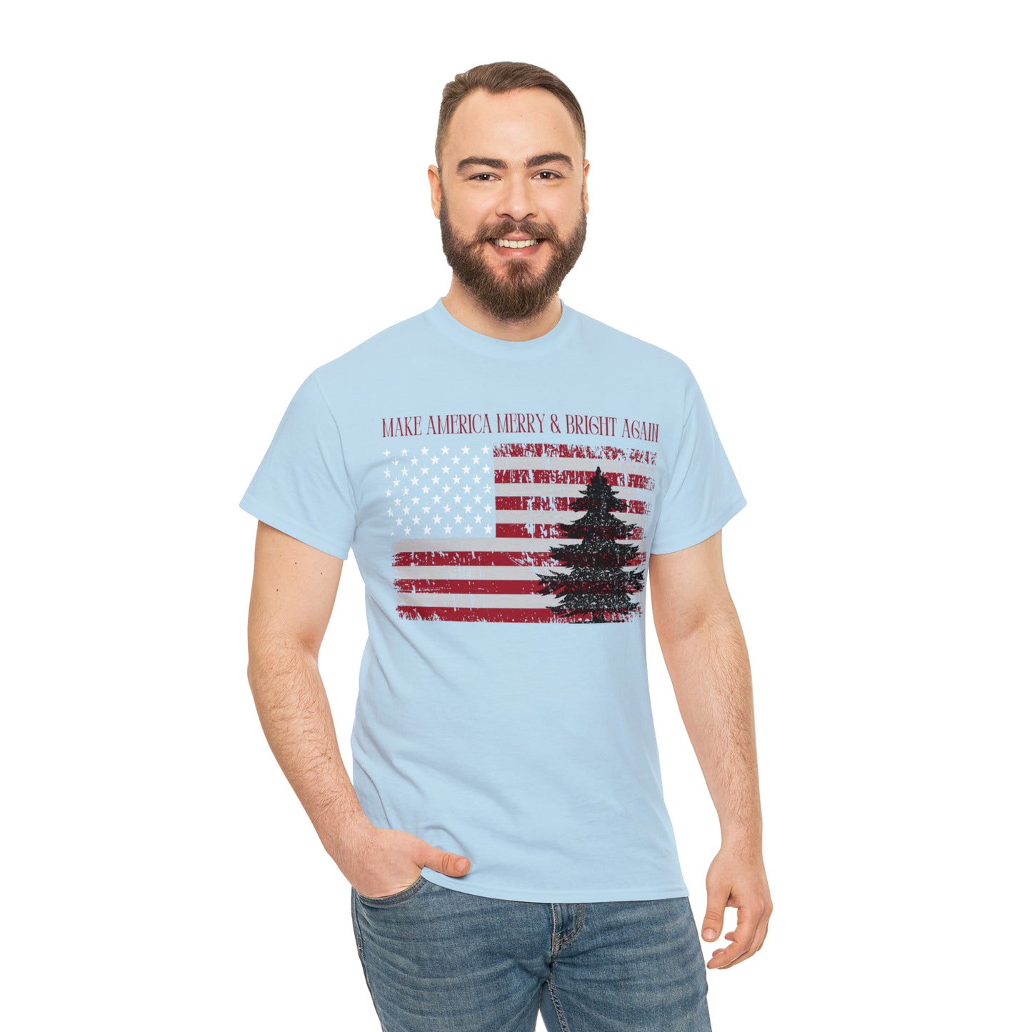 American Flag Make America Merry & Bright Again Unisex Heavy Cotton Tee