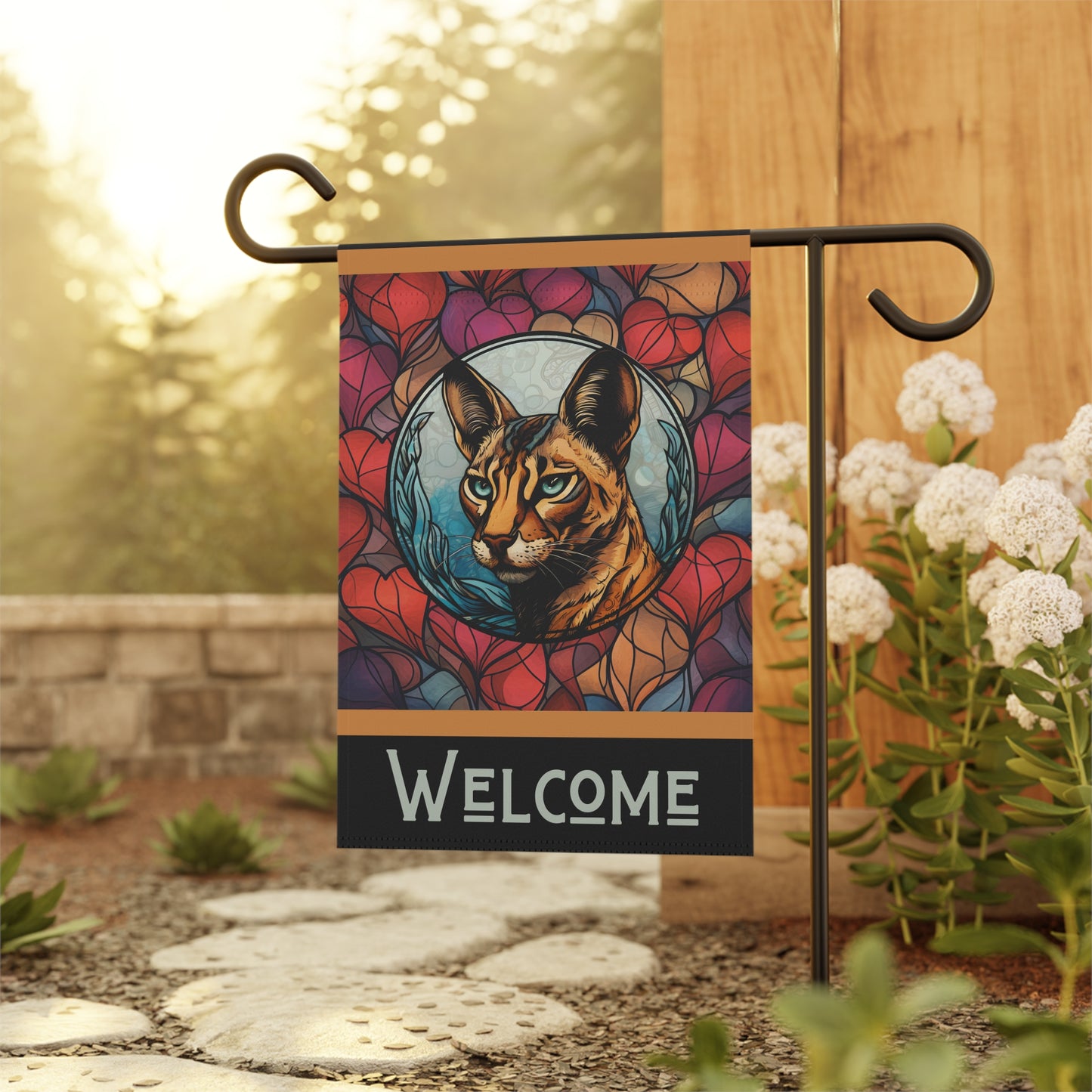 Savannah Cat Welcome Stained Glass Look 2-Sided Garden & House Flag/Banner