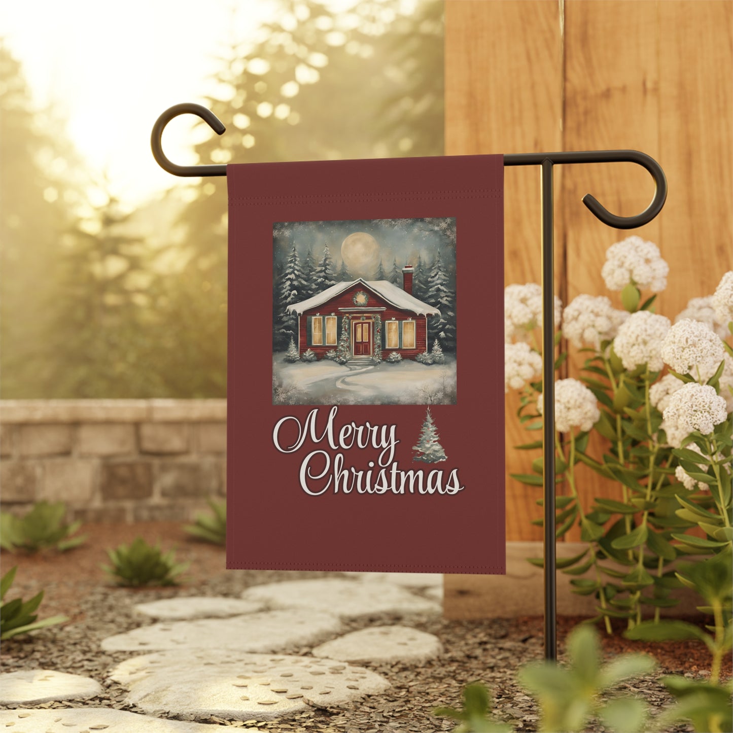 Red Cabin Merry Christmas 2-Sided Garden & House Flag/Banner