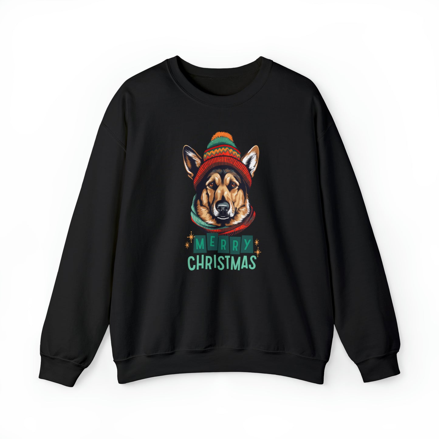 German Shepherd In Hat & Scarf Merry Christmas Unisex Heavy Blend™ Crewneck Sweatshirt