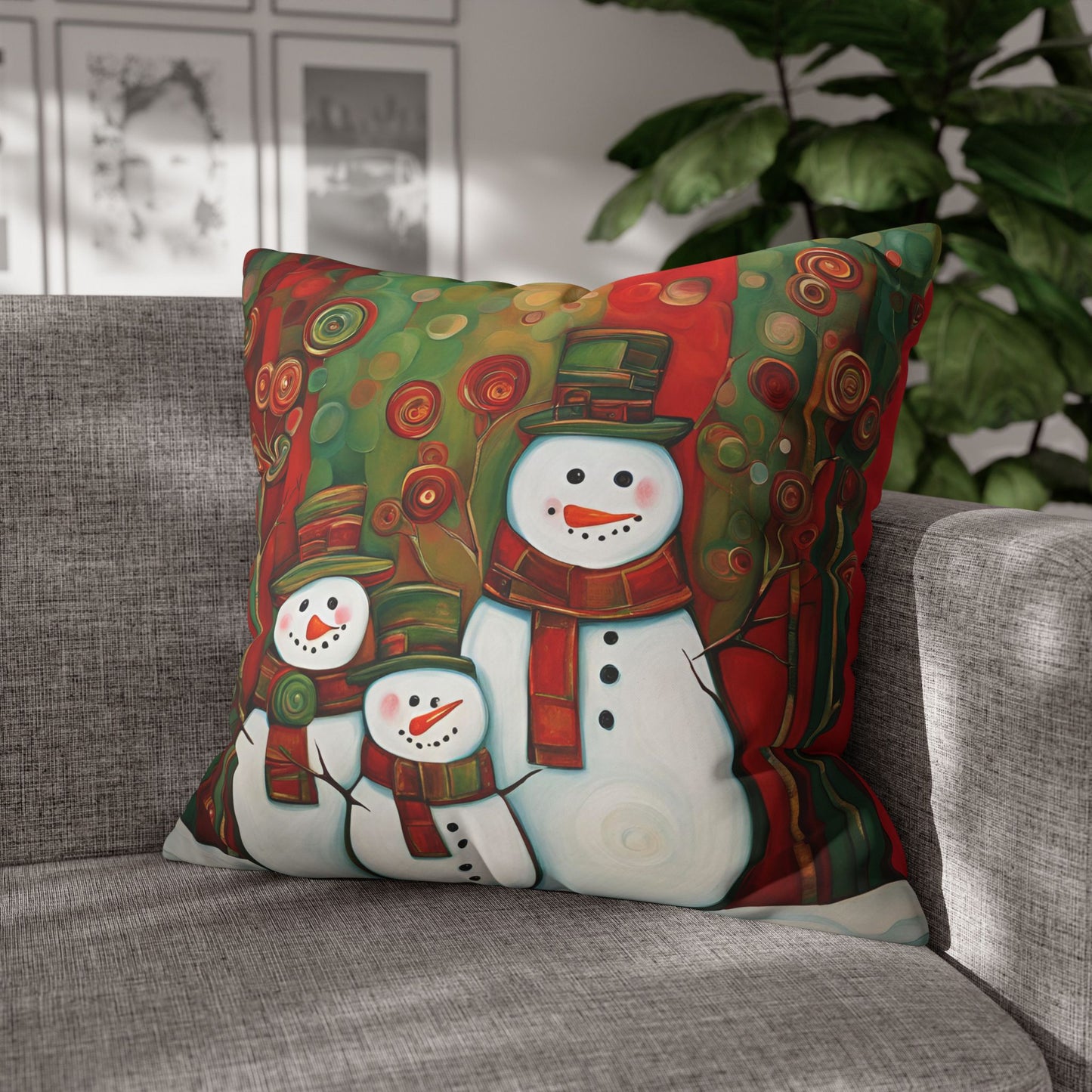 Snowman Family Square Poly Canvas Pillowcase