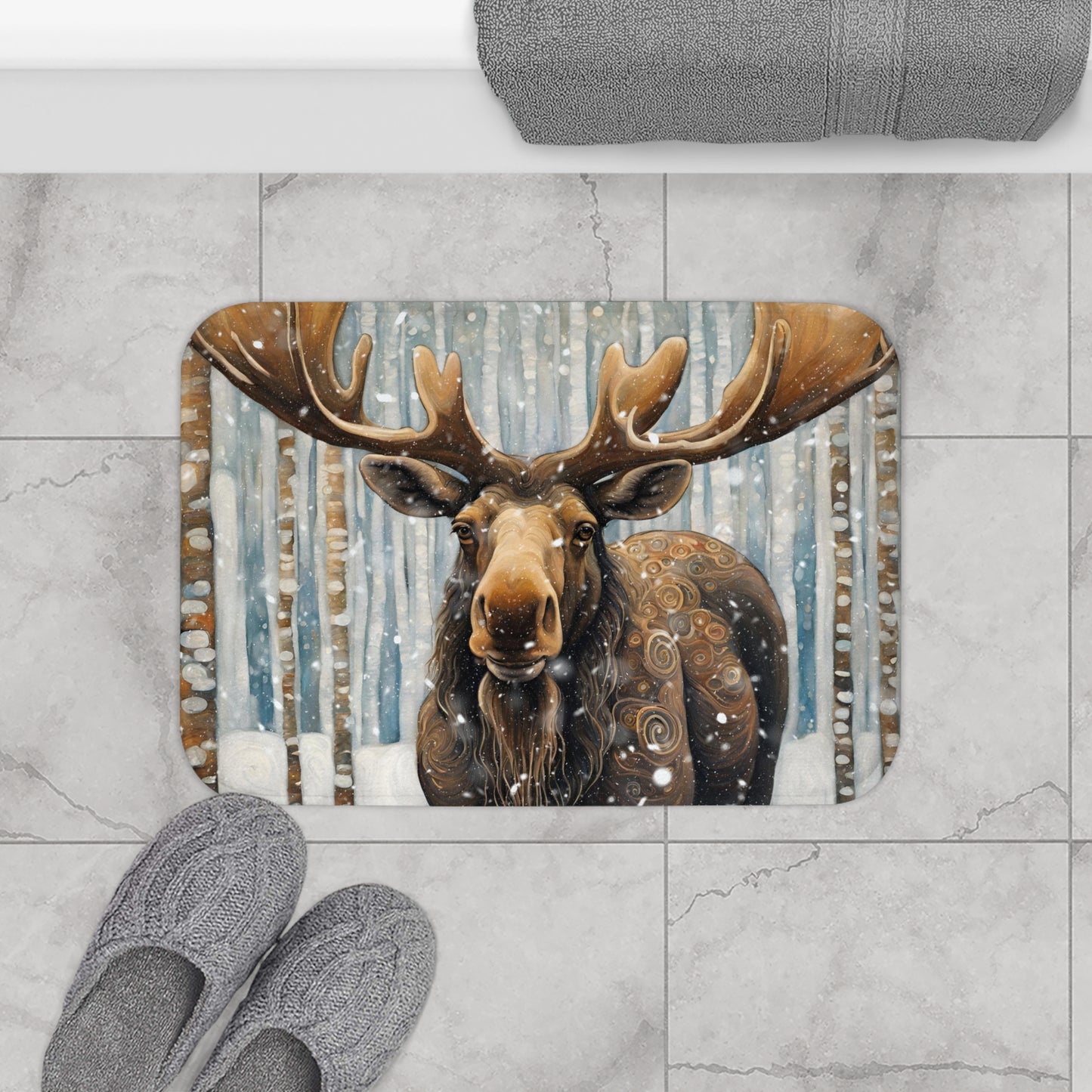 Mountain Forest Snowy Moose Microfiber Bath Mat