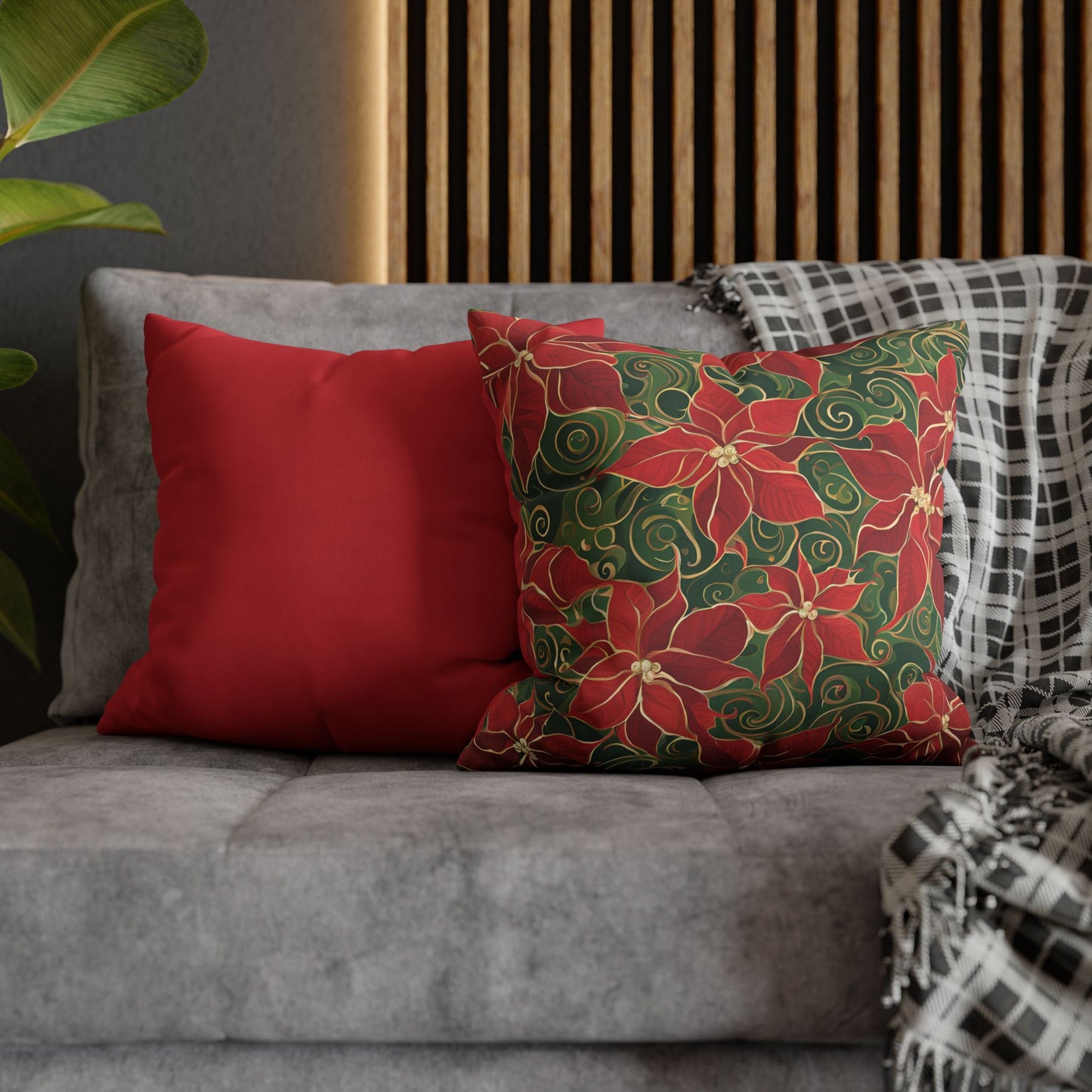 Poinsettias Swirl Holiday Square Poly Canvas Pillowcase