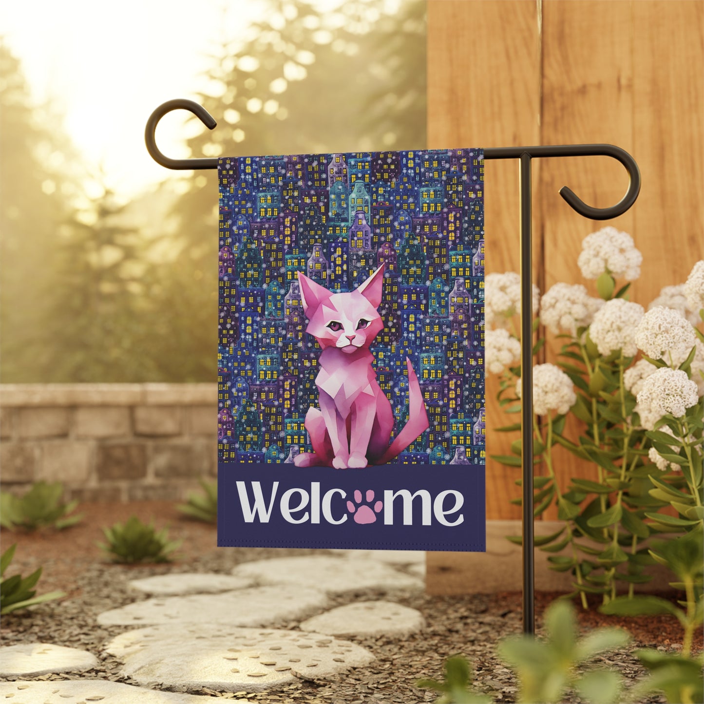 Pink City Cat Welcome 2-Sided Garden & House Flag/Banner