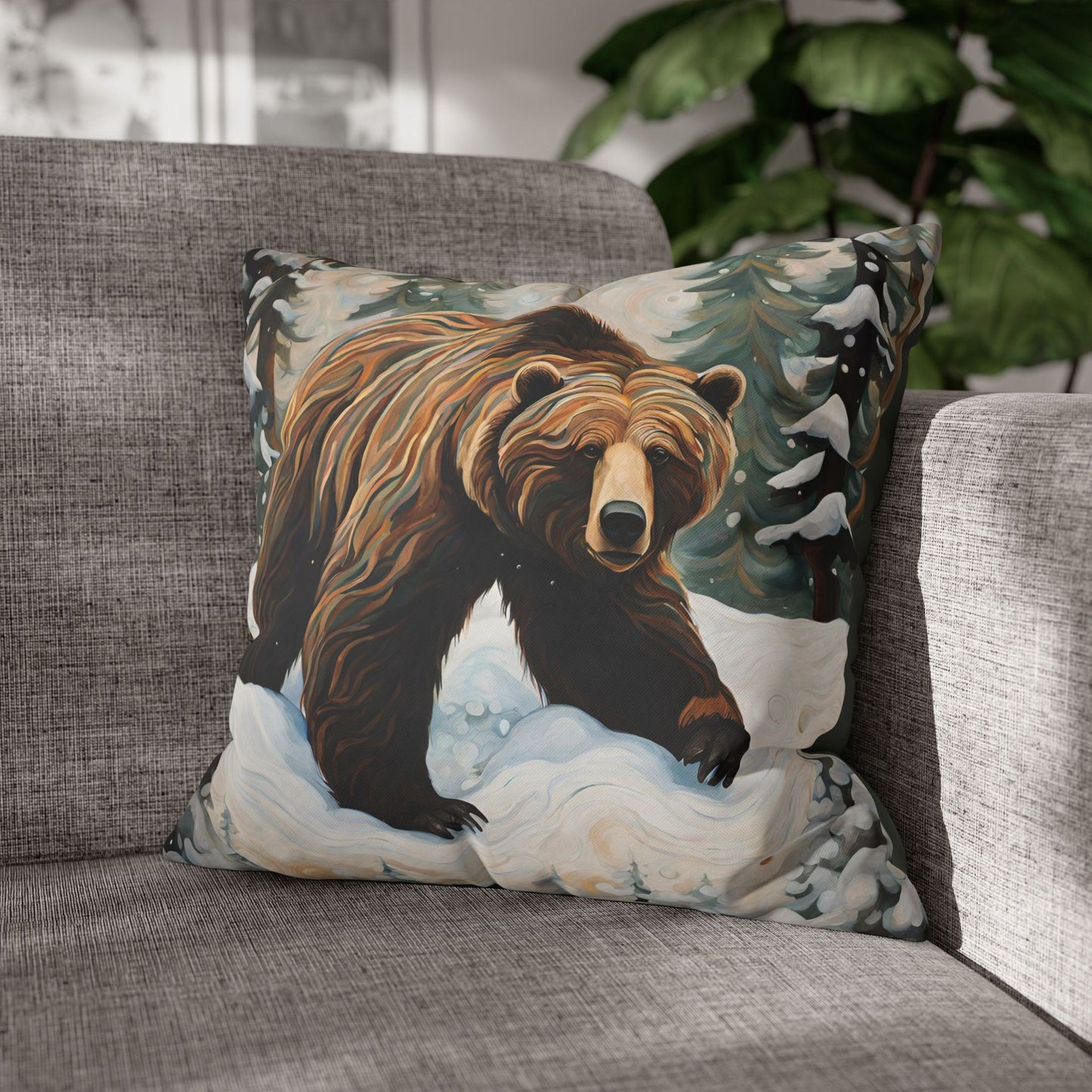 Winter Grizzly Square Poly Canvas Pillowcase