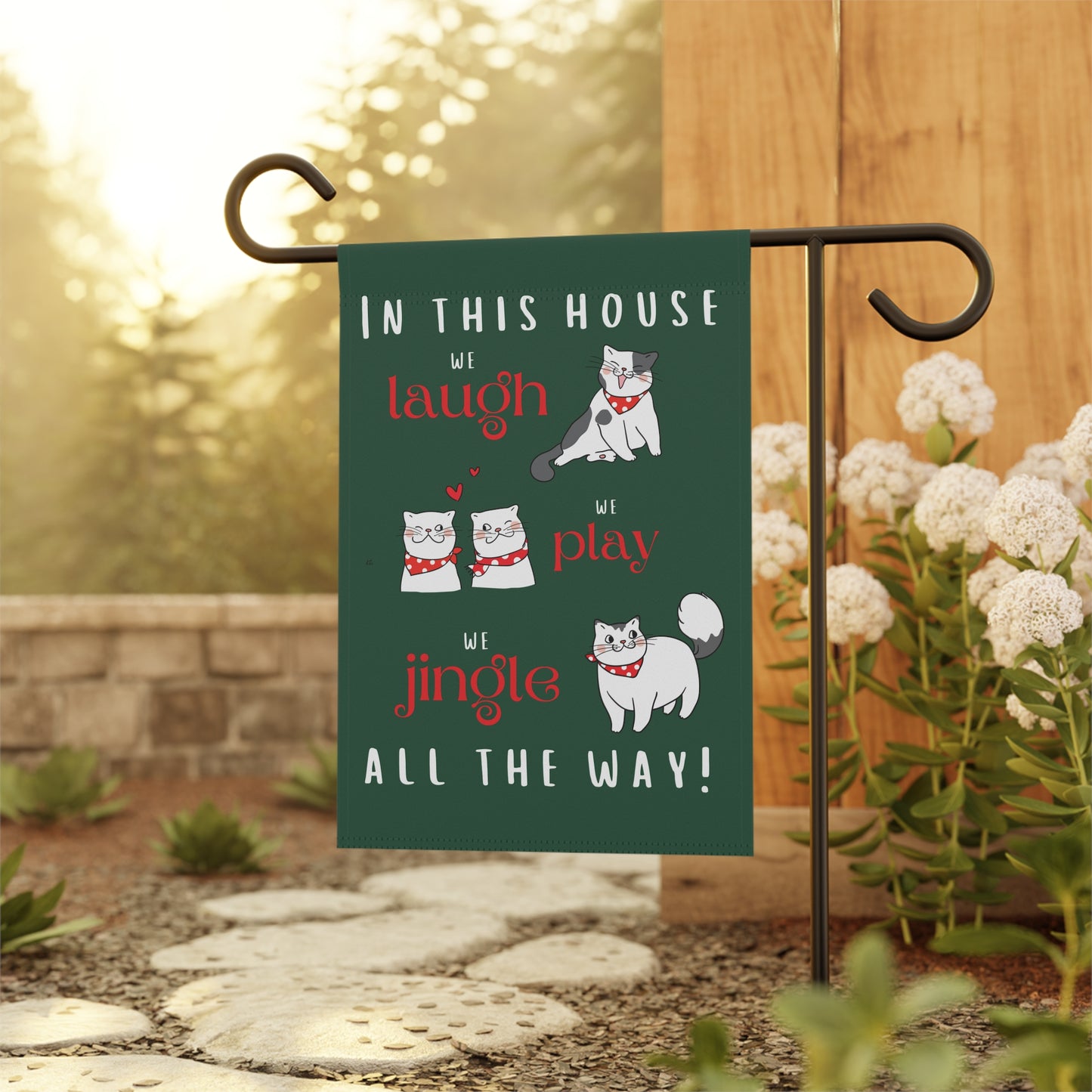 Laugh Play Jingle All the Way Cats on Green Christmas 2-Sided Garden & House Flag/Banner