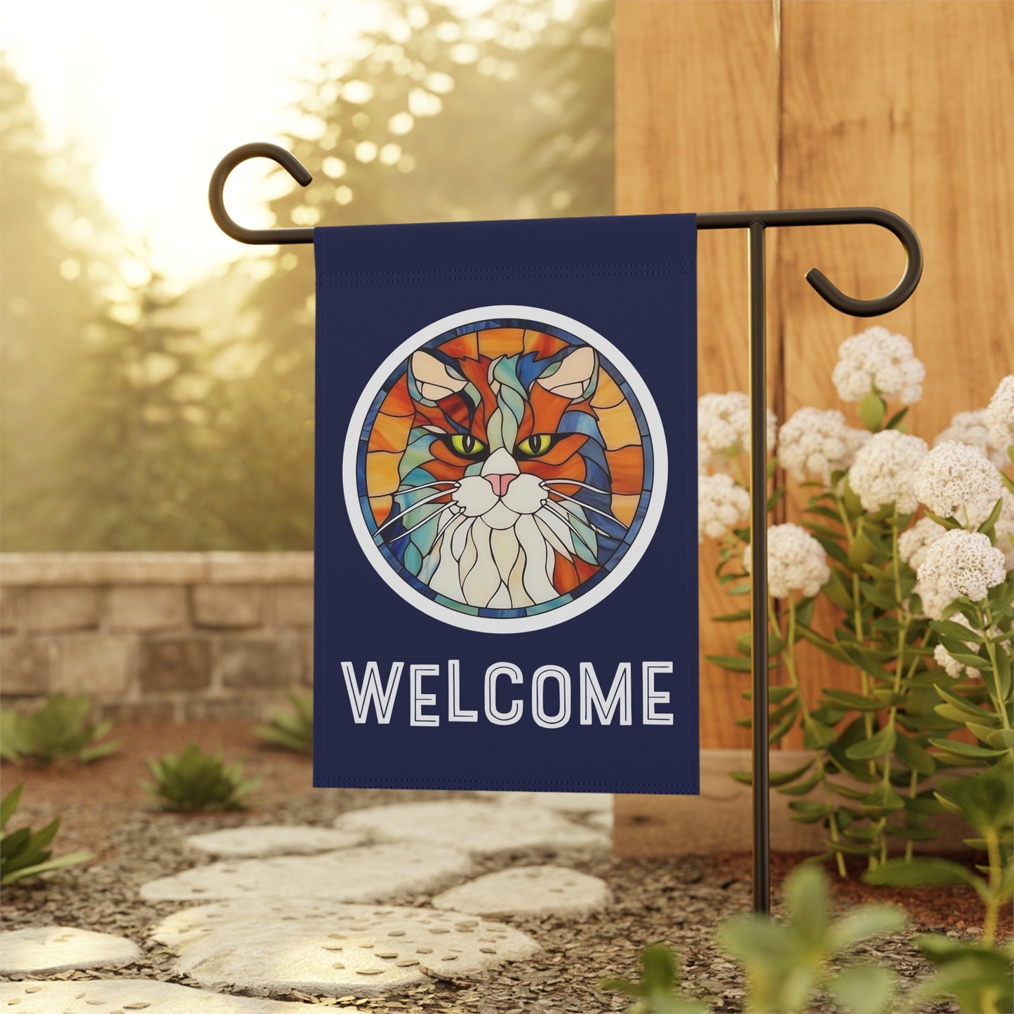 Stained Glass Cat Welcome 2-Sided Garden & House Flag/Banner