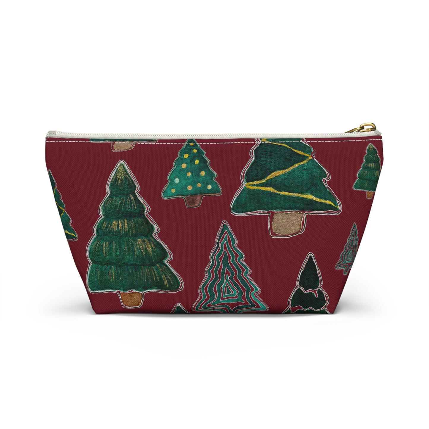 Christmas Tree Cutouts on Maroon Accessory Pouch w T-bottom