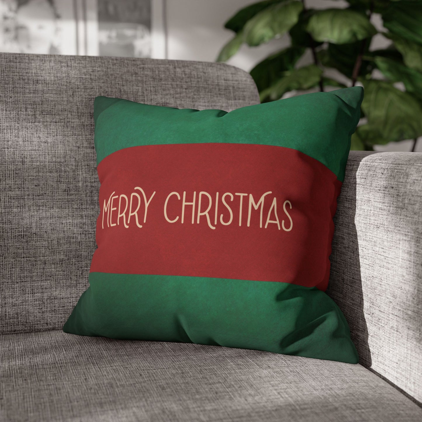 Merry Christmas Red & Green Square Poly Canvas Pillowcase