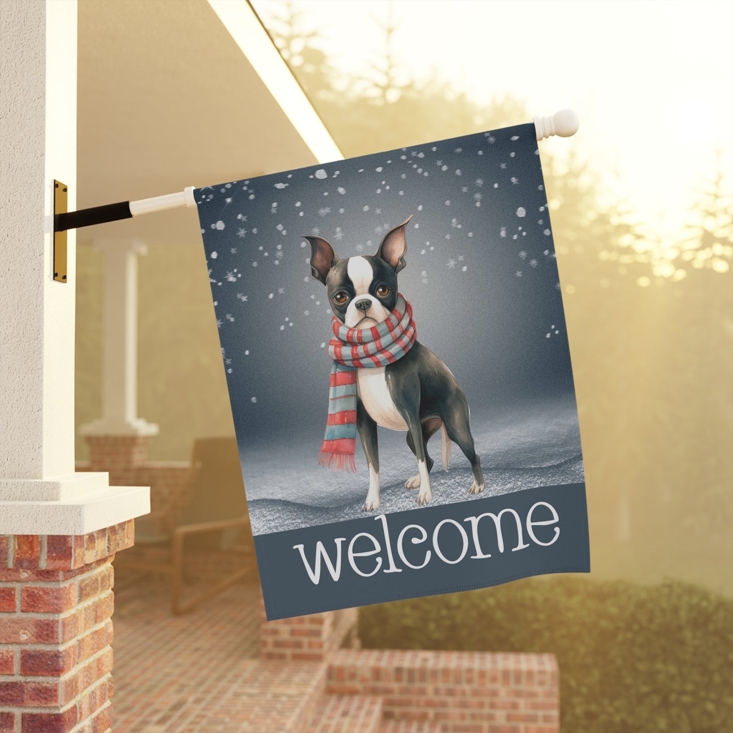 Snowy Welcome Boston Terrier in Scarf 2-Sided Garden & House Flag/Banner