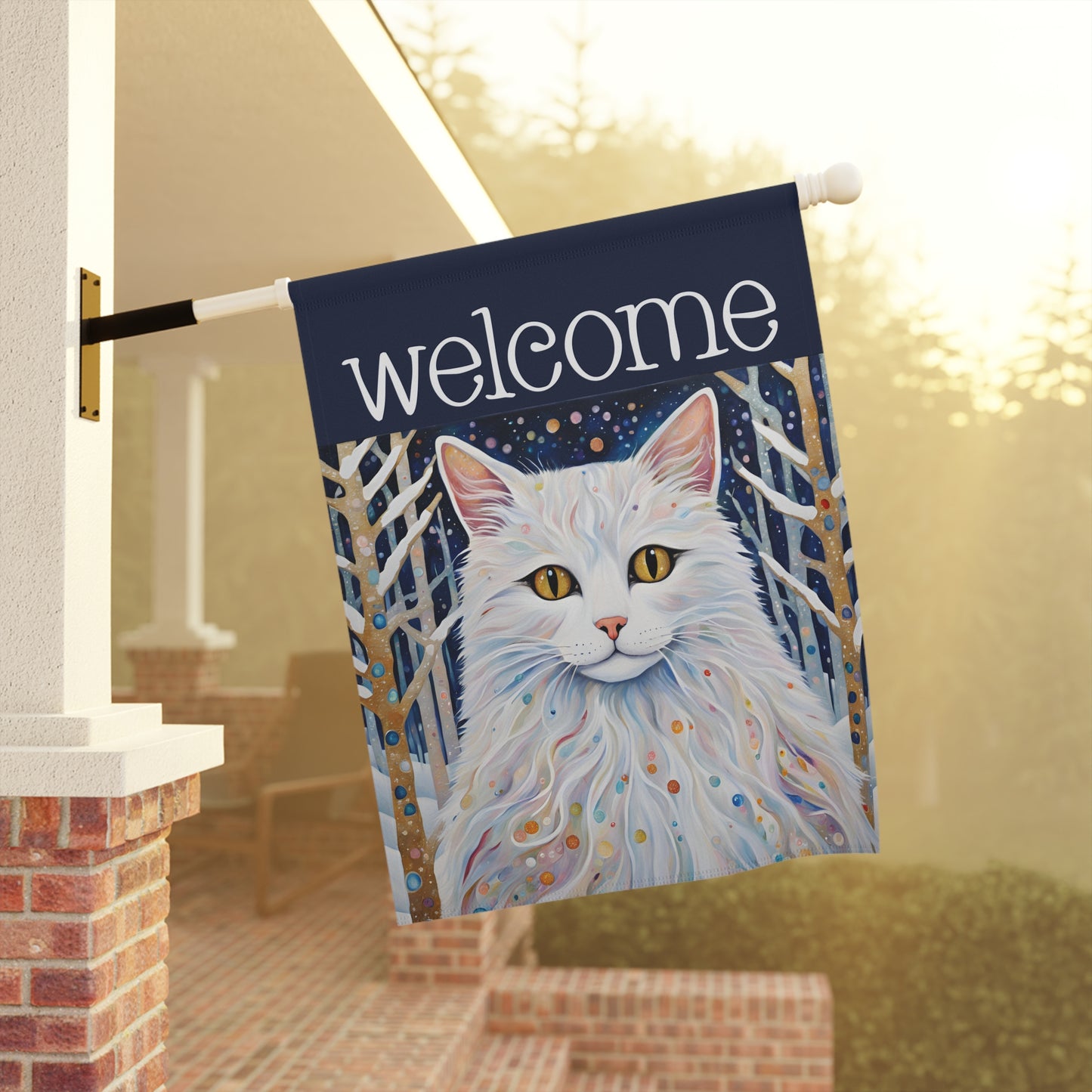 Snowy Cat Welcome 2-Sided Garden & House Flag/Banner