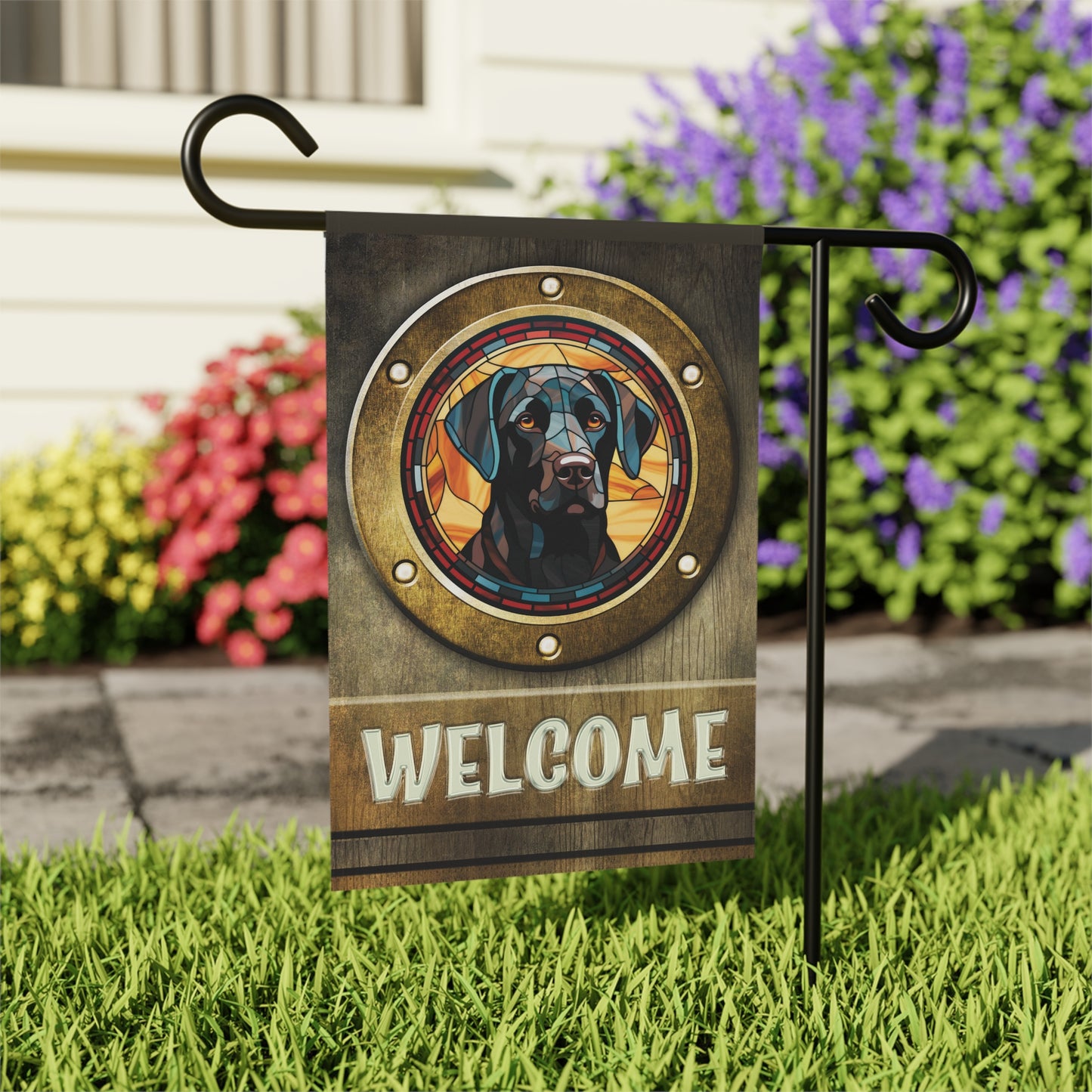 Black Labrador in Port Hole Welcome 2-Sided Garden & House Flag/Banner