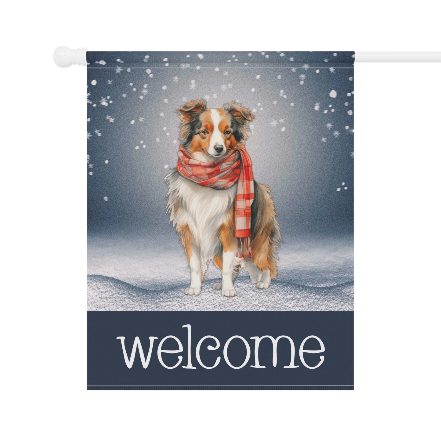 Snowy Welcome Collie in Scarf 2-Sided Garden & House Flag/Banner