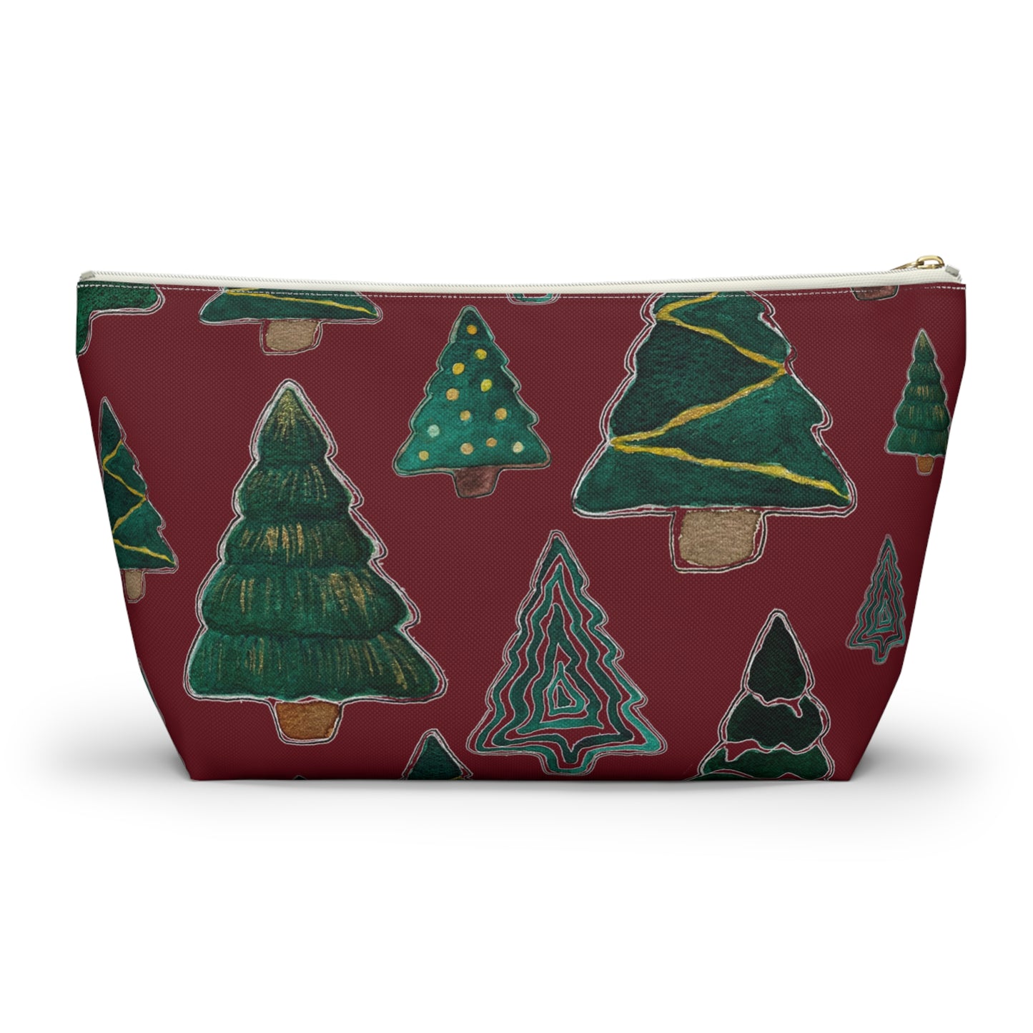 Christmas Tree Cutouts on Maroon Accessory Pouch w T-bottom