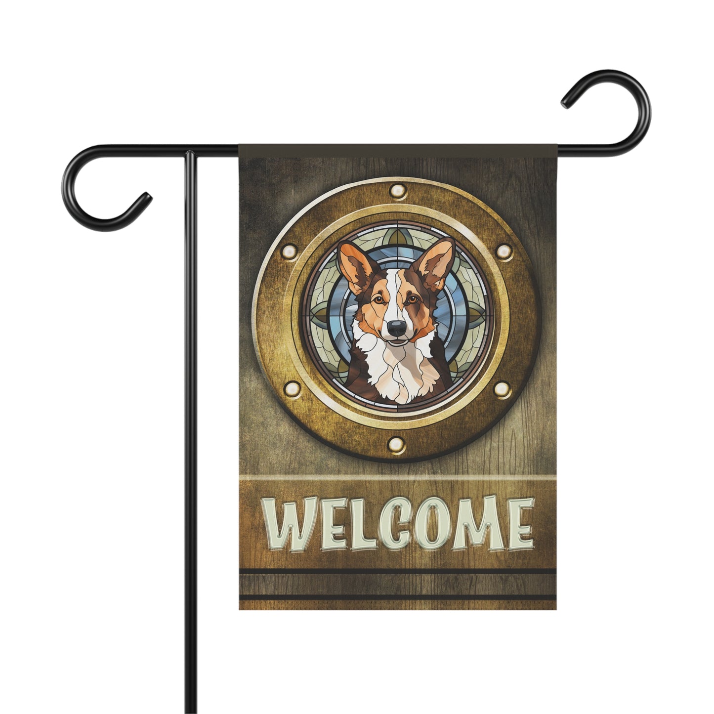 Corgi in Port Hole Welcome 2-Sided Garden & House Flag/Banner