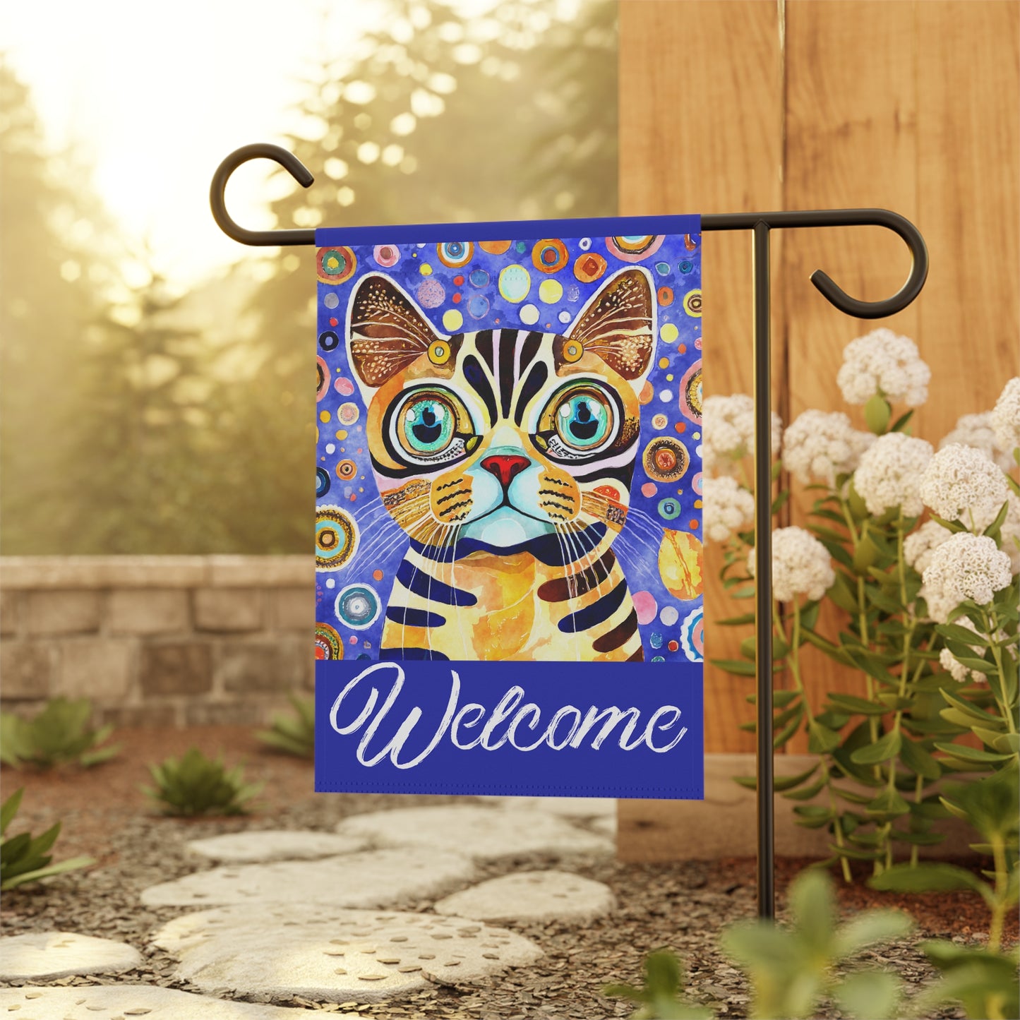 Funky Bright Cat Welcome 2-Sided Garden & House Flag/Banner