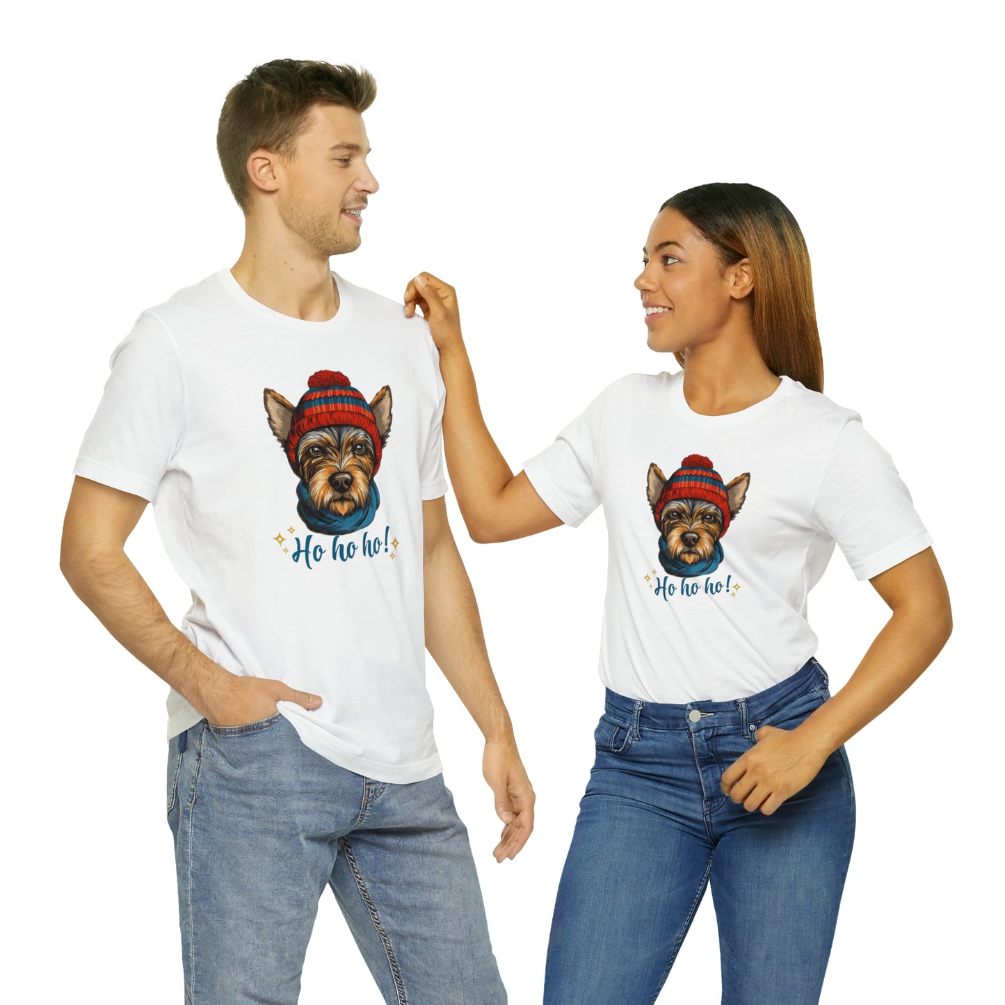 Scottish Terrier in Hat & Scarf Ho Ho Ho Unisex Jersey Short Sleeve Tee