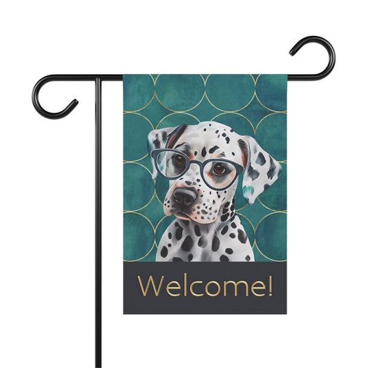 Dalmatian in Glasses Welcome 2-Sided Garden & House Flag/Banner