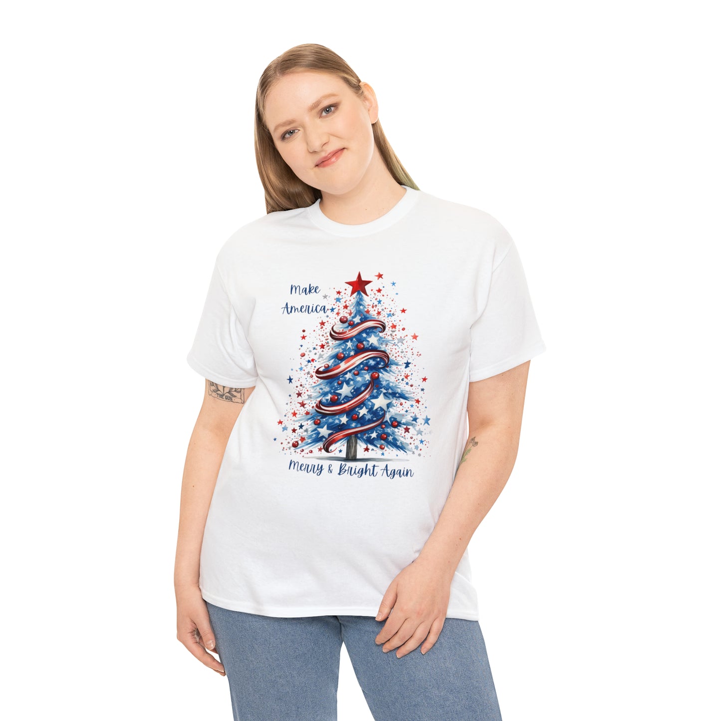 Patriotic Tree Make America Merry & Bright Again Unisex Heavy Cotton Tee