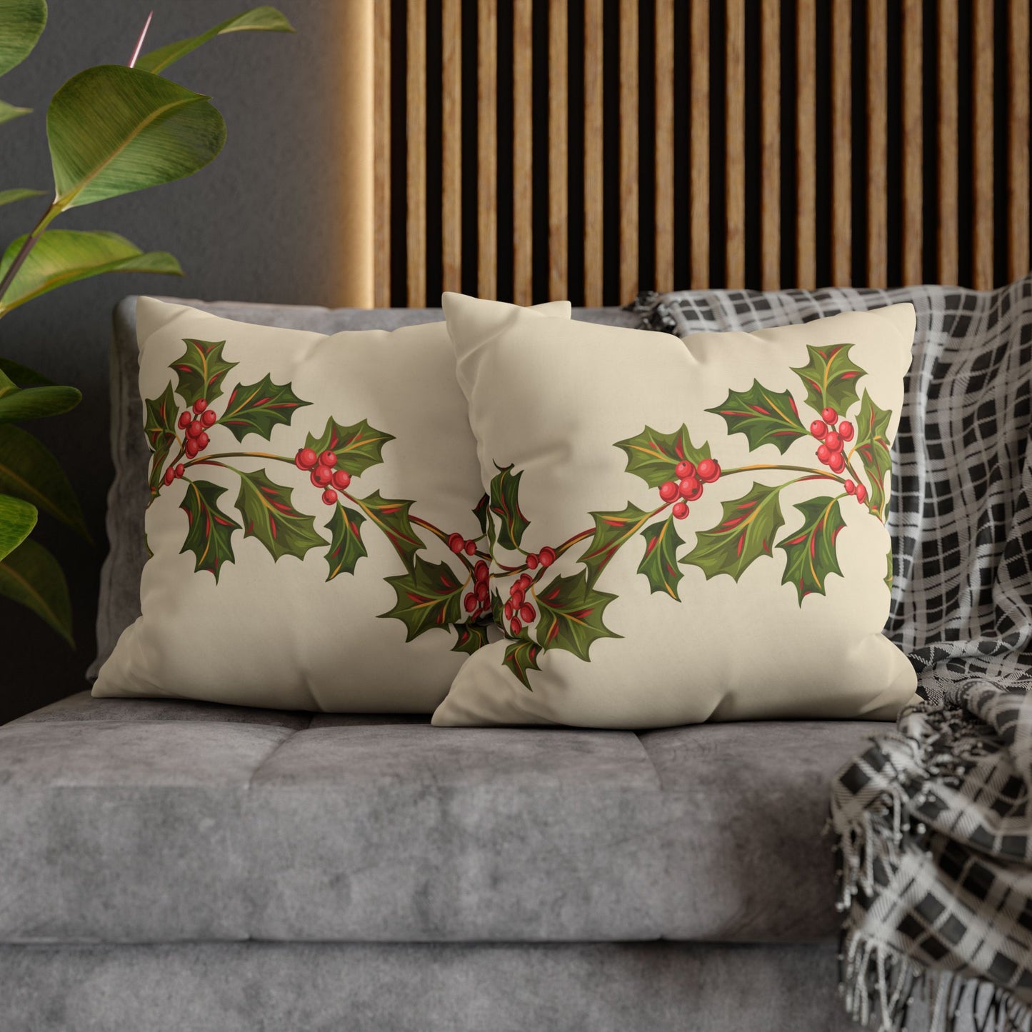 Holly Vine Holiday Square Poly Canvas Pillowcase