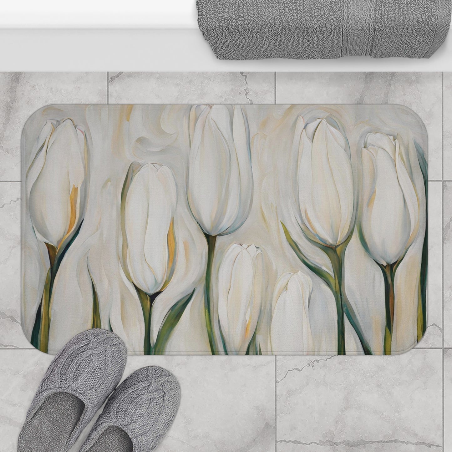 White Tulips Microfiber Bath Mat