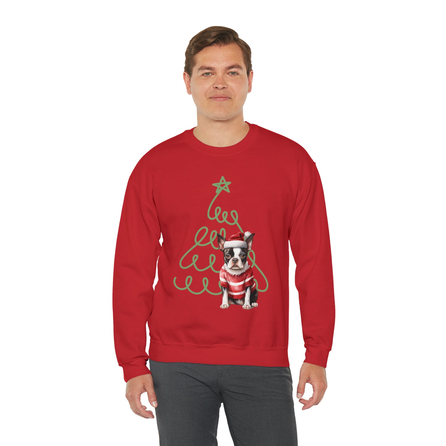 Boston Terrier in Santa Hat & Sweater Unisex Heavy Blend™ Crewneck Sweatshirt